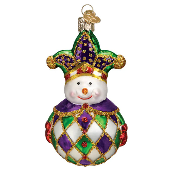 Decorative Christmas ornament shaped like a snowman with jester hat and colorful outfit on a white background