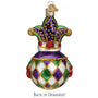 Decorative Christmas ornament shaped like a snowman with jester hat and colorful outfit on a white background back view