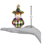 Decorative ornament resembling a snowman in a jester costume with a size measurement on a white background