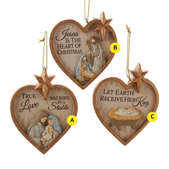 Heart-shaped Nativity ornaments sold separately with rustic wood-look finishes, star toppers, sculpted Holy Family scenes, and faith-based Christmas messages.