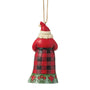Back view of Jim Shore Highland Glen Santa Cardinal Ornament showing Santa’s red and black checkered robe with floral detailing.