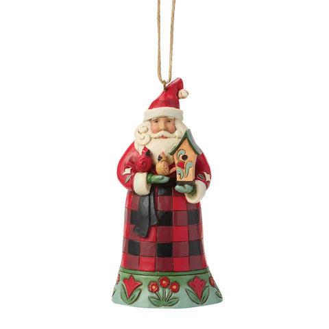 Front view of Jim Shore Highland Glen Santa Cardinal Ornament featuring Santa holding a birdhouse with two perched cardinals.
