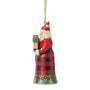 Side view of Jim Shore Highland Glen Santa Cardinal Ornament showing Santa in a checkered robe holding a birdhouse.
