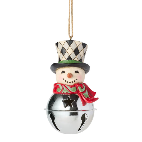 Highland Glen Snowman Bell Ornament featuring a smiling snowman with patterned top hat, red scarf, and shiny silver bell body.