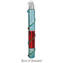 Decorative O'Santic pen ornament with a blue body and red label on a white background back of ornament
