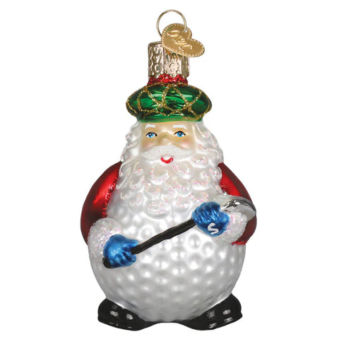 Decorative glass ornament of a Santa Claus figure with a golf club on a white background