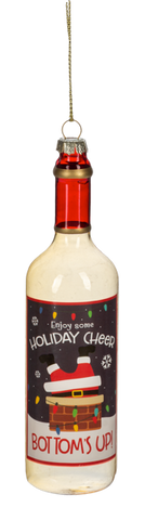 Wine bottle ornament with white wine and a festive label that reads “Enjoy some holiday cheer, bottom’s up!”