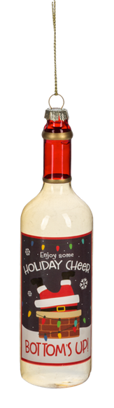 Wine bottle ornament with white wine and a festive label that reads “Enjoy some holiday cheer, bottom’s up!”