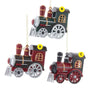 Set of three Holiday Express Train Ornament variants shaped like vintage locomotives in green and red colorways with metallic wheel details and gold hanging cords.