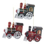 Set of three Holiday Express Train Ornament variants shaped like vintage locomotives in green and red colorways with metallic wheel details and gold hanging cords.
