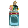 Decorative ornament shaped like a blue mason jar with 'Mom' on it, filled with colorful school tools. back view