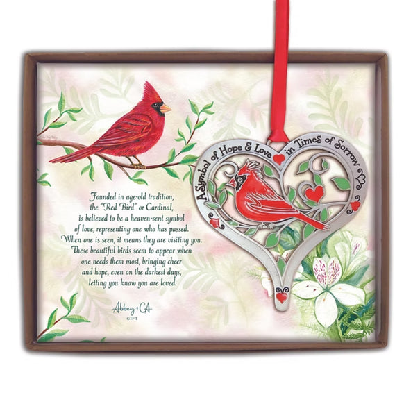 Hope and Love Cardinal Memorial Ornament in gift box with heart-shaped silver frame, red cardinal, red ribbon, and sentiment card.