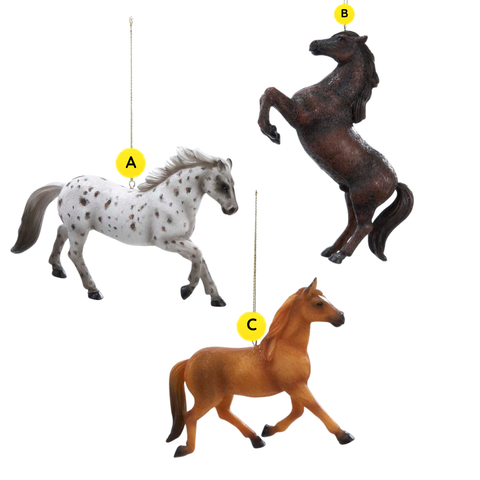 Horse ornament assortment labeled A White Spotted, B Dark Brown, and C Chestnut.