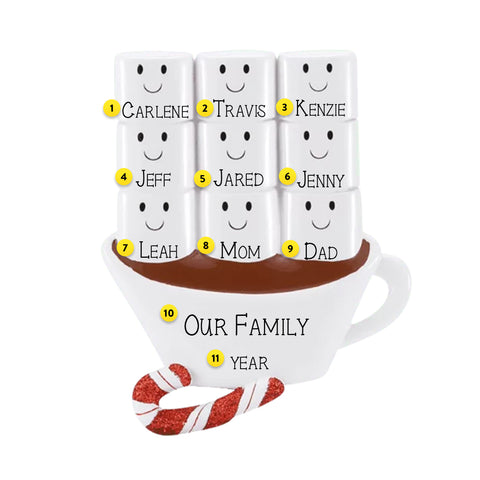 Personalized Hot Chocolate Family of 9 Ornament