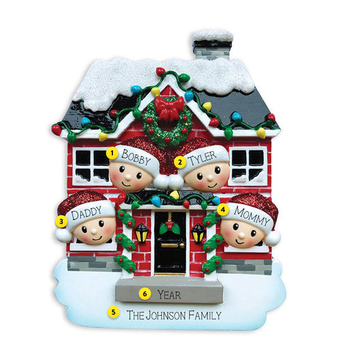 Decorated Christmas House  - Family of 4 - Resin personalized ornament 