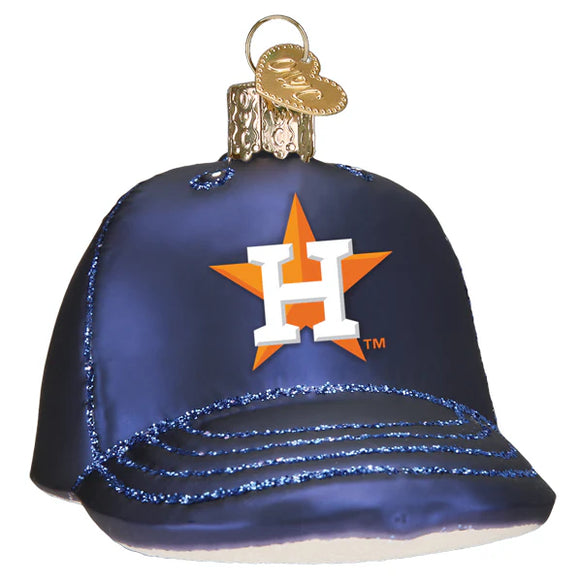 Glass ornament of a blue baseball cap with a Houston Astros logo on a white background