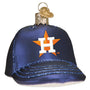 Glass ornament of a blue baseball cap with a Houston Astros logo on a white background