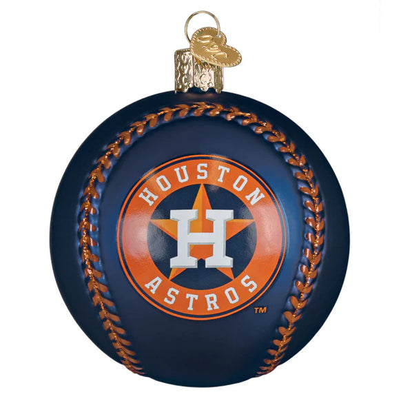 Houston Astros baseball ornament with blue and orange design on a white background
