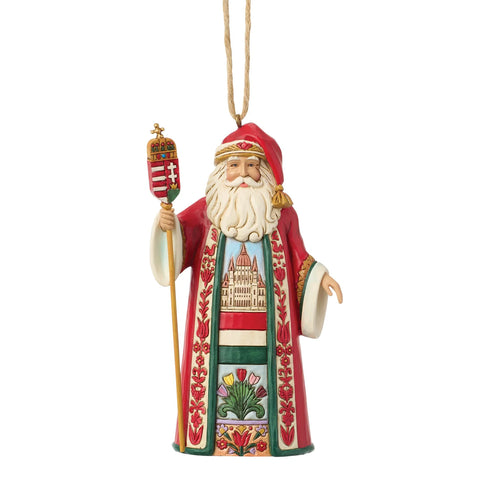 Front view of Jim Shore Hungarian Santa Ornament from Santa Around the World featuring a detailed robe, staff, and Hungarian-inspired design.