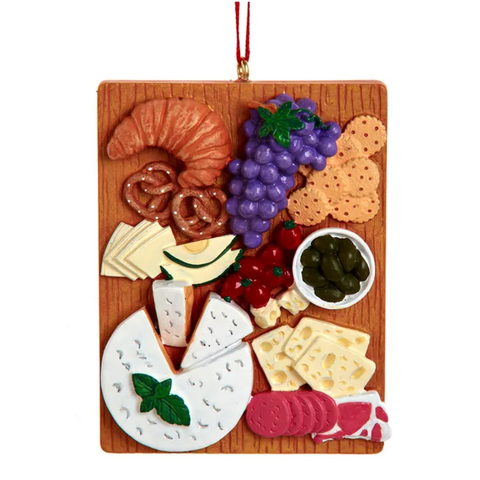 Charcuterie Board Ornament with Cheese, grapes, pretzels, crackers, and meat designed by Kurt Adler