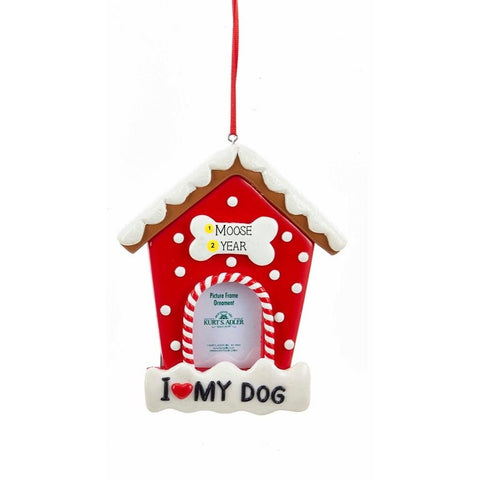 Red I Love My Dog doghouse picture frame ornament with white trim and space to add your own photo at home.