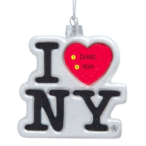 Personalized I Love NY glass ornament with black letters, red heart, white background, and name and year placement shown on the heart.