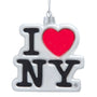 I Love NY glass ornament with bold black lettering, red heart, white background, silver cap, and silver hanging cord.