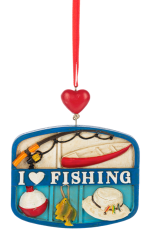 I Love Fishing collage ornament with a blue frame, red heart hanger, and fishing-themed details including a bobber, fish, hat, canoe, and fishing rod.