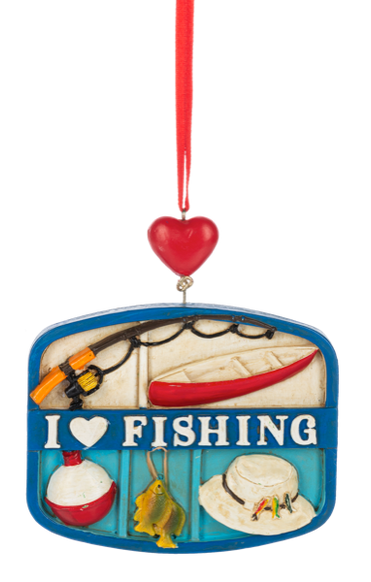 I Love Fishing collage ornament with a blue frame, red heart hanger, and fishing-themed details including a bobber, fish, hat, canoe, and fishing rod.