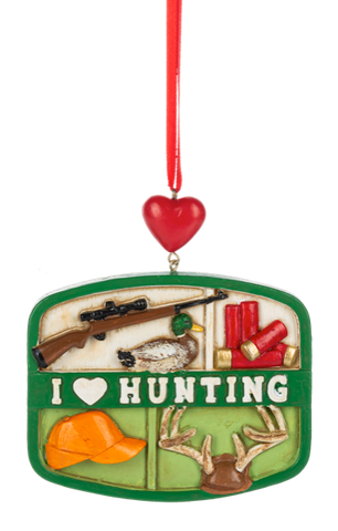 I Love Hunting collage ornament with a green frame, red heart hanger, and hunting-themed details including a rifle, duck, shotgun shells, cap, antlers, and deer mount.