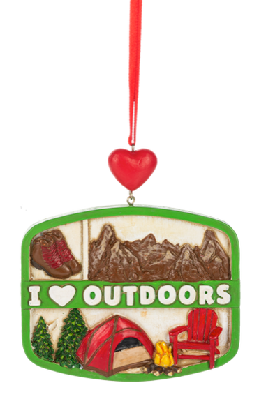 I Love Outdoors collage ornament with a green frame, red heart hanger, and outdoor-themed details including hiking boots, mountains, tent, campfire, pine trees, and chair.