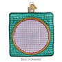 Decorative ornament with text 'I'm outdoorsy. I love drinking on the porch.' on a teal background. back view of ornament