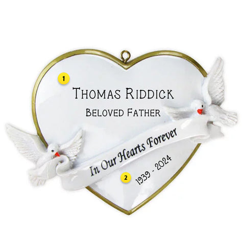 Personalized Memorial Ornament for Christmas Tree with In Our Hearts Quote on banner held by two doves