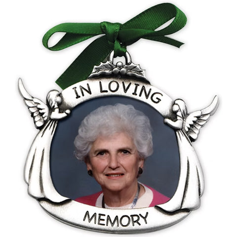 In Loving Memory photo ornament with silver angel frame, green ribbon, and memorial photo opening