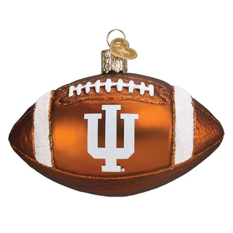 Glass football ornament with Indiana 'IU' logo on a white background
