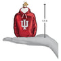 Red hoodie ornament with a IU logo, displayed on a hand for scale, showing height of 4.5 inches.