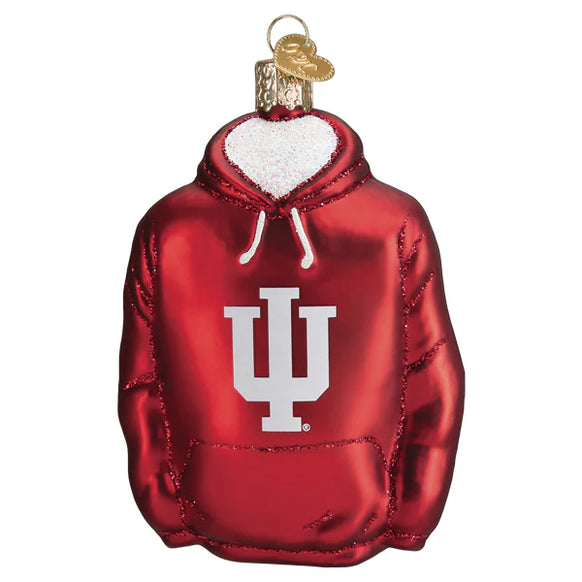 Red hoodie ornament with Indiana white logo on a white background
