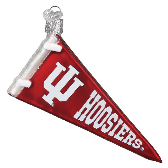 Glass ornament shaped like a red pennant with 'IU Hoosiers' text on a white background