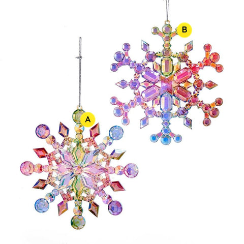 Pastel Aurora Snowflake variant of an iridescent jeweled snowflake ornament with pink, green, blue, and purple faceted details.

Rainbow Aurora Snowflake variant of an iridescent jeweled snowflake ornament with bright rainbow-colored faceted details.