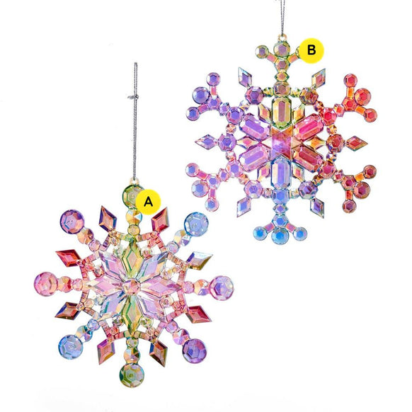 Pastel Aurora Snowflake variant of an iridescent jeweled snowflake ornament with pink, green, blue, and purple faceted details.

Rainbow Aurora Snowflake variant of an iridescent jeweled snowflake ornament with bright rainbow-colored faceted details.