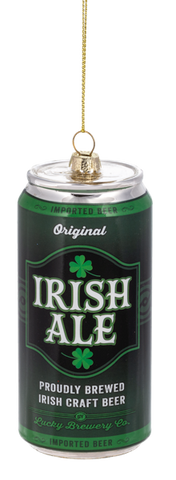 Glass ornament shaped like a black and green beer can labeled “Original Irish Ale,” with shamrock accents and Irish craft beer styling.