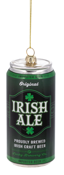 Glass ornament shaped like a black and green beer can labeled “Original Irish Ale,” with shamrock accents and Irish craft beer styling.