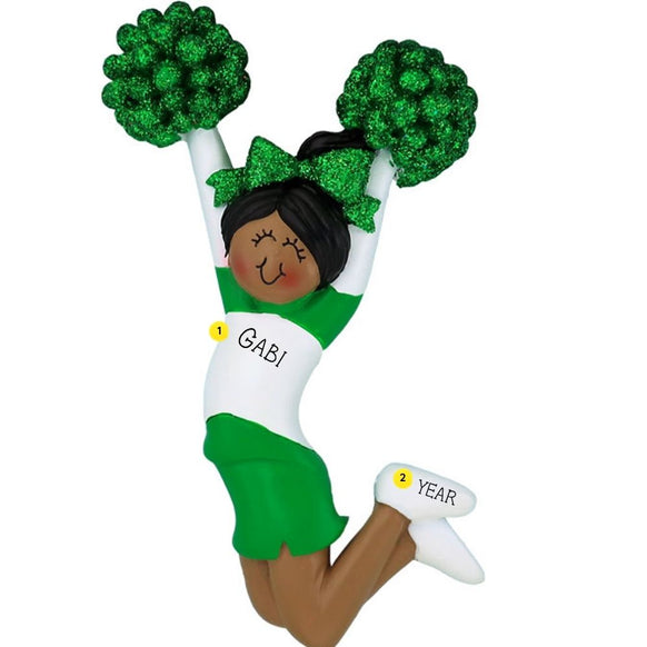 Green and white cheerleader ornament showing personalization placement for a name on the uniform and year on the shoe.