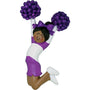 Personalized purple cheerleader ornament with glitter pom poms and a name added to the front of the uniform.