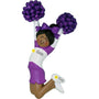 Purple and white cheerleader ornament showing personalization placement for a name on the uniform and year on the shoe.