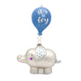 Blue and silver baby elephant ornament with a glittered blue balloon reading “it’s a boy,” shown from the front hanging view.