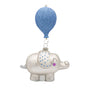 Side view of a blue and silver baby elephant ornament with glittered blue ear accents, raised trunk, and a blue balloon topper.