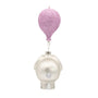 Back view of a pink and silver baby elephant ornament with a glittered pink balloon above and silver glitter accents on the tail and feet.