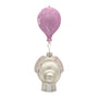 Face view of a pink and silver baby elephant ornament with glittered pink ears, closed eyes, and a pink balloon above.