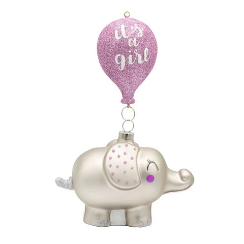 Pink and silver baby elephant ornament with a glittered pink balloon reading “it’s a girl,” shown from the front hanging view.